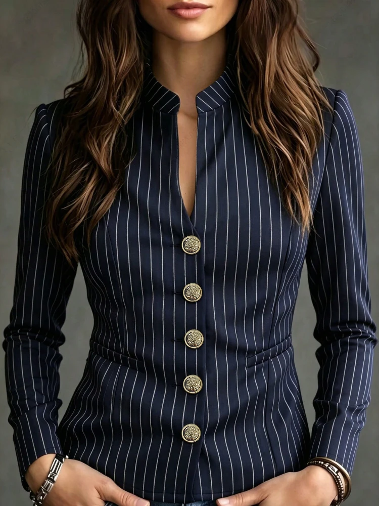 Vintage Slim Fit Stripe Jacket Outerwear Lady Autumn Winter Fashion Elegant Stand Collar Single Breasted Coat For Women 20256Top