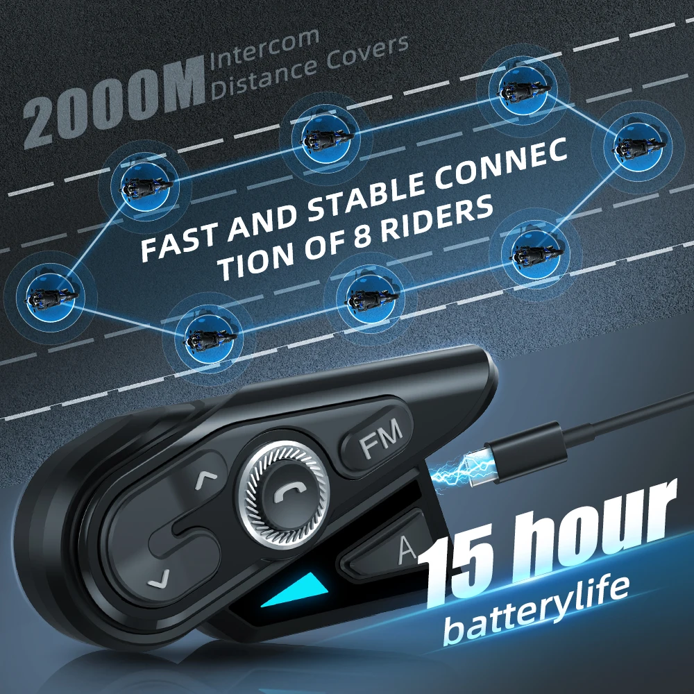 WAYXIN R15 Pro 8 Riders Motorcycle Helmet Intercom IP67 Waterproof Long Battery Life Active Noise Cancelling 1200M Long Range