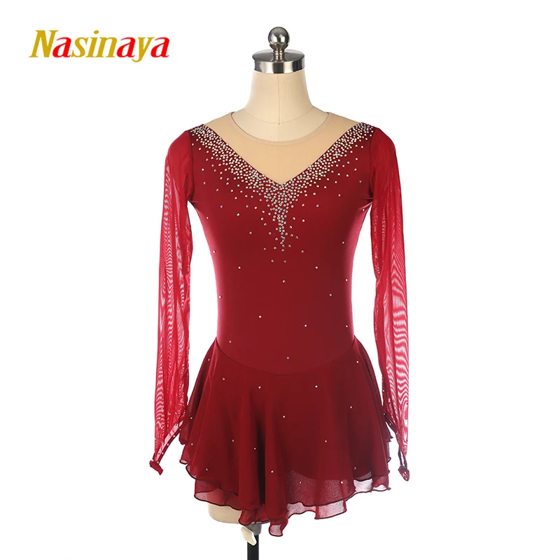 Figure skating performance outfit, women's competition grading skirt, wine red mesh, long sleeved with multiple diamonds