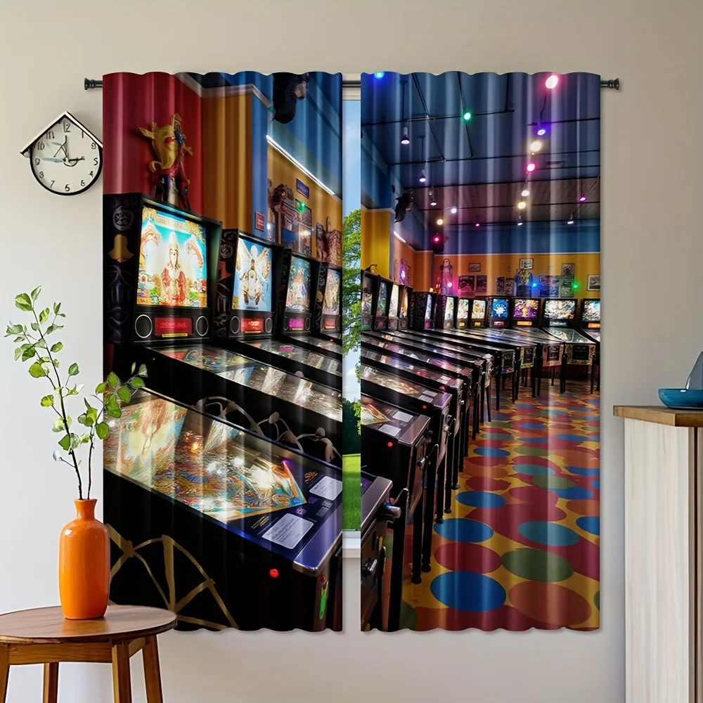 Retro Arcade Game Room Curtain Vintage Pinball Machine Print Blackout Drapes Colorful Neon Light Decor for Kids Bedroom GameRoom