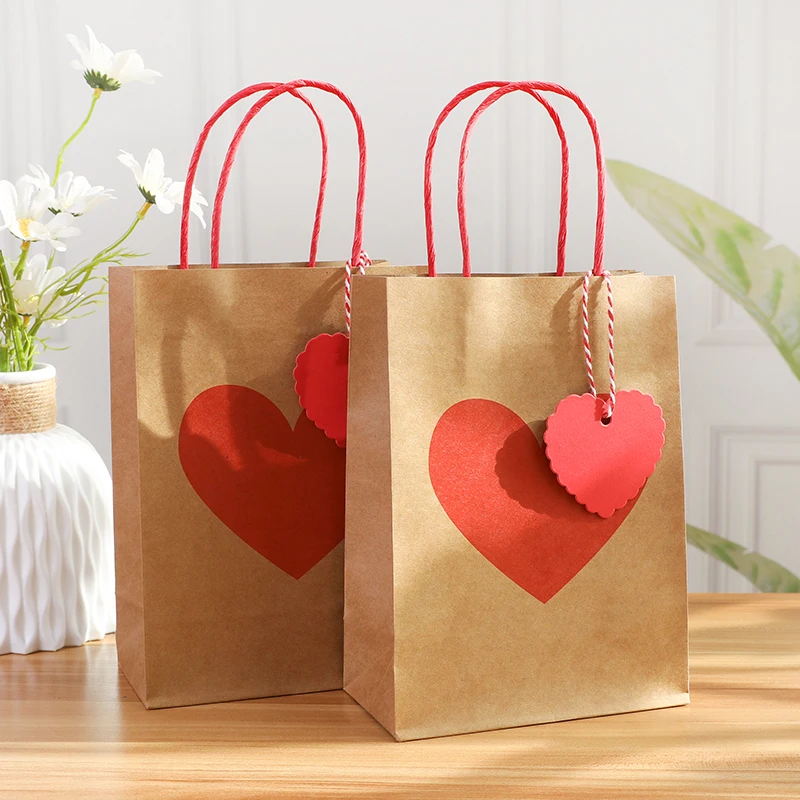 

10pcs Valentines Day Candy Kraft Paper Bags With Tags Heart Love Gift Packing Bag With Handles Wedding Party Decoration Supplies