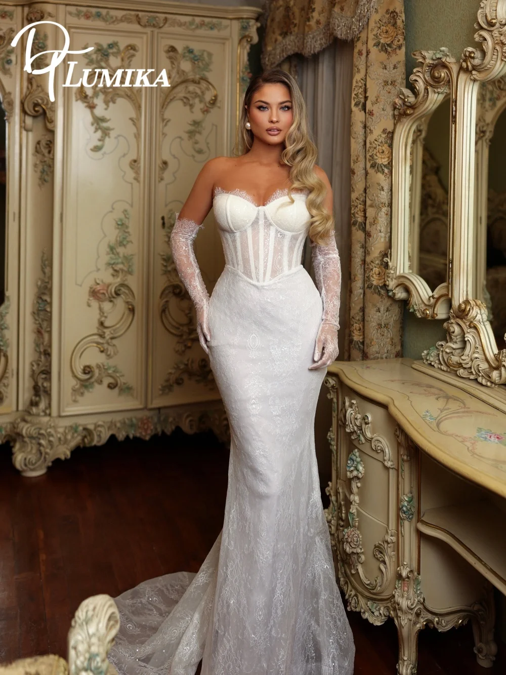 

Romantic Off-Shoulder Wedding Dress 2026 Luxury Lace Mesh Floor-Length Bridal Gown Glamorous Mermaid Shiny Wedding Gown