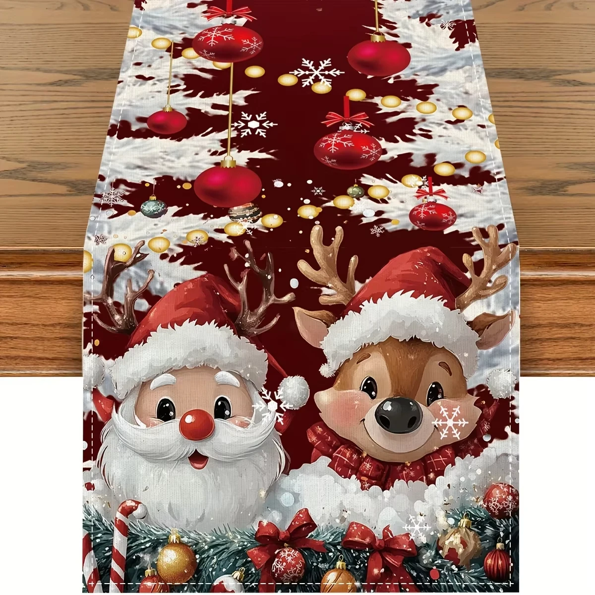 Cute Christmas Table Runner - Red Background with Cartoon Santa & Reindeer | Family Dinners