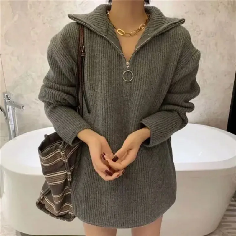 Half Zip High Neck Pullover Sweater for Women in Autumn and Winter, Loose Collar, Outer Knitted Sweater