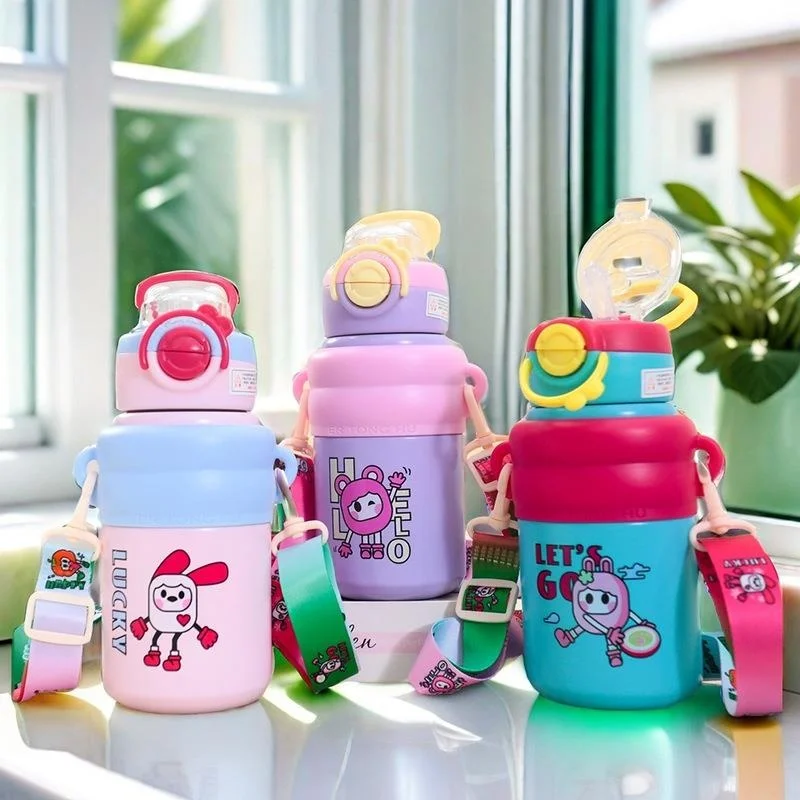 

Portable Children's Autumn Winter Insulated Water Bottle Dual Drinking Straw Cup Color Block Cartoon Cover Lock Buckle Cup