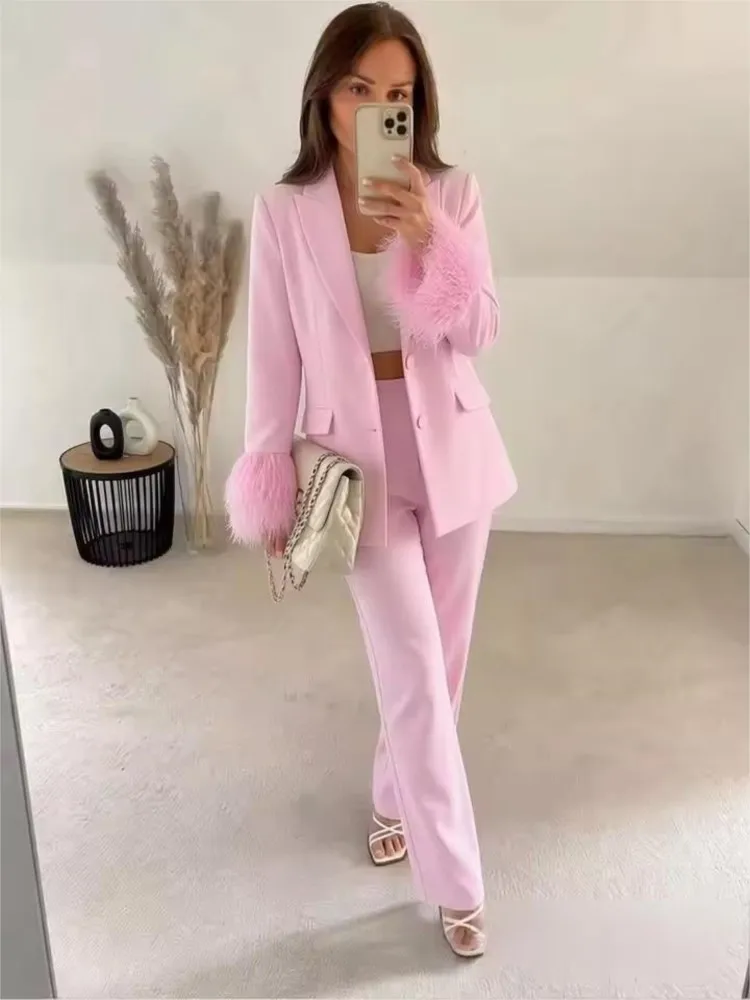 

Women's Low-Rise Pants Set New 2026 Autumn Feather Cuffs Blazer with Shoulder Pads Straight Leg Trousers Female Chic Outfit