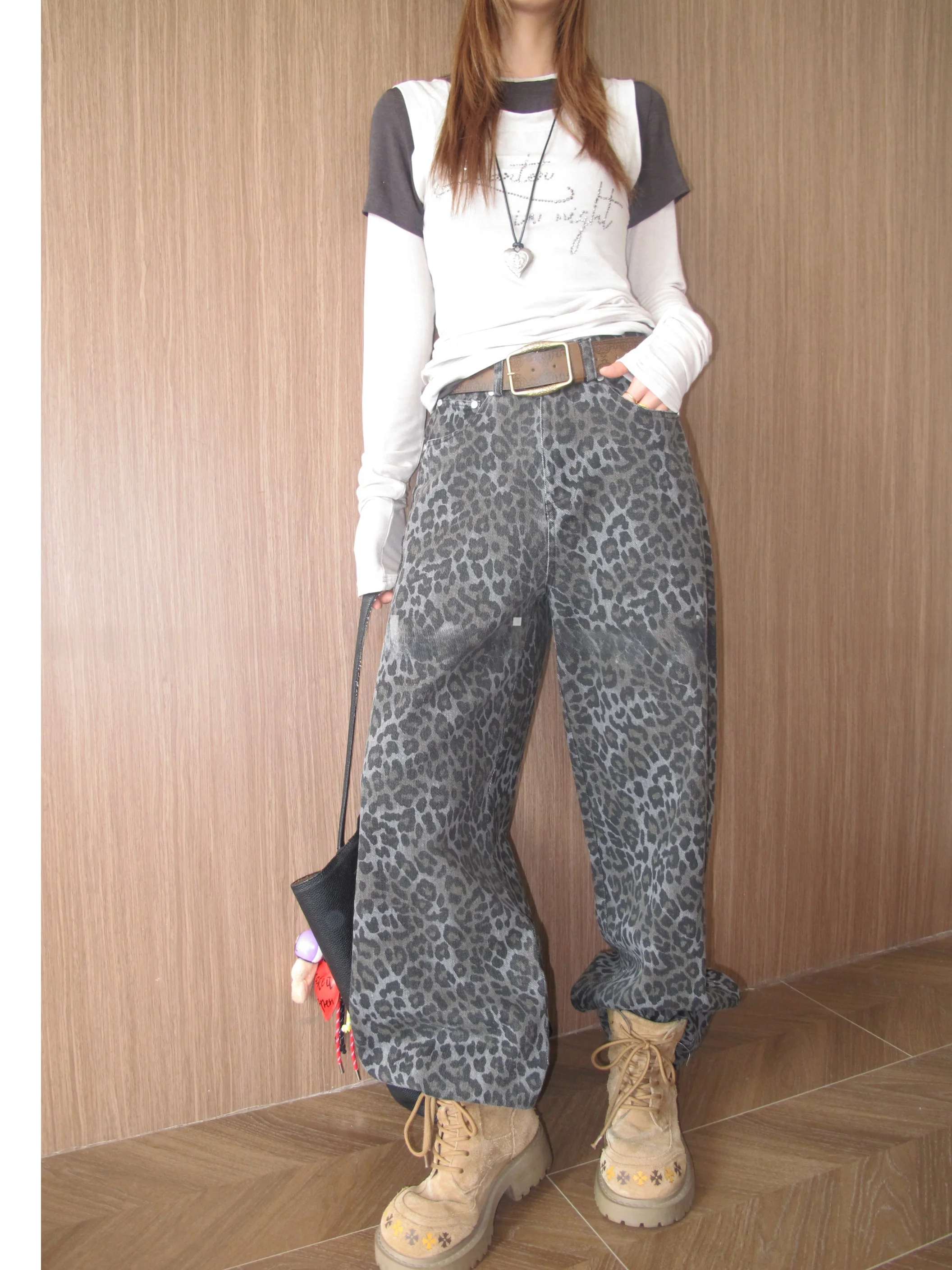 

Джинсы женские свободного кроя с высокой талией и широкими штанинами, с леопардовым принтом, в американском ретро-стиле, повседневные, на молнии