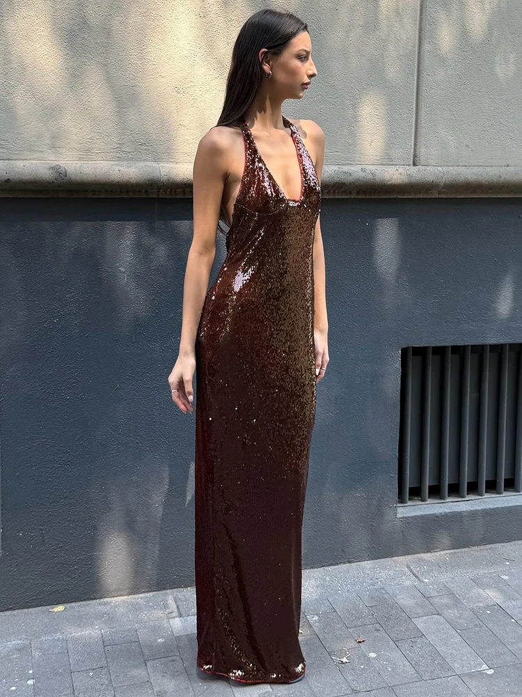 

Glamorous Brown Sequin Halter Neck Long Dress – Sexy Maxi Cocktail Party Luxurious Night Out Evening Gown for Women