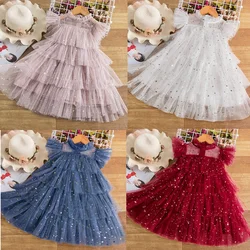 2024 New Girls Ruffles Summer Dresses Princess Tulle Tutu Sequins Prom Gown Children Birthday Party Casual Clothes for 3-8Y Kids