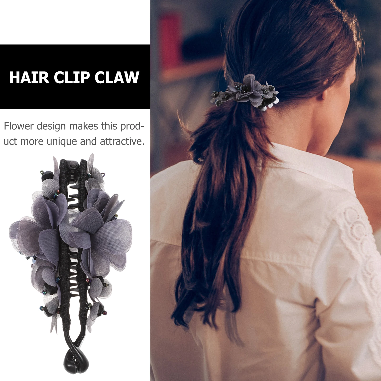 

1pc Fabric Flower Hair Clips Resin Bead Banana Ponytail Holders Durable For Women Girls Daily Updo Accessories