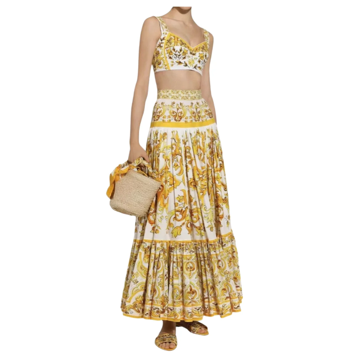 HIGH QUALITY Luxury Designer Summer Women Yellow Porcelain Print Cotton Corset Top and Maxi Skirt 2 Piece Set 2024