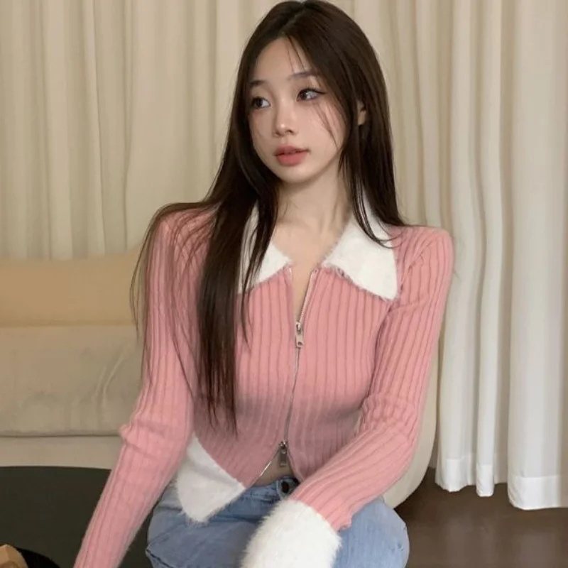 Pullovers Women Slim Fit Patchwork Design Zipper Temperament Korean Fashion Casual Style Daily Simple Cozy All-match Basic Sweet