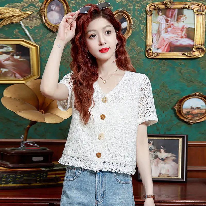 

Summer New French Lace Women's Short Sleeve Fashionable V-Neck Top