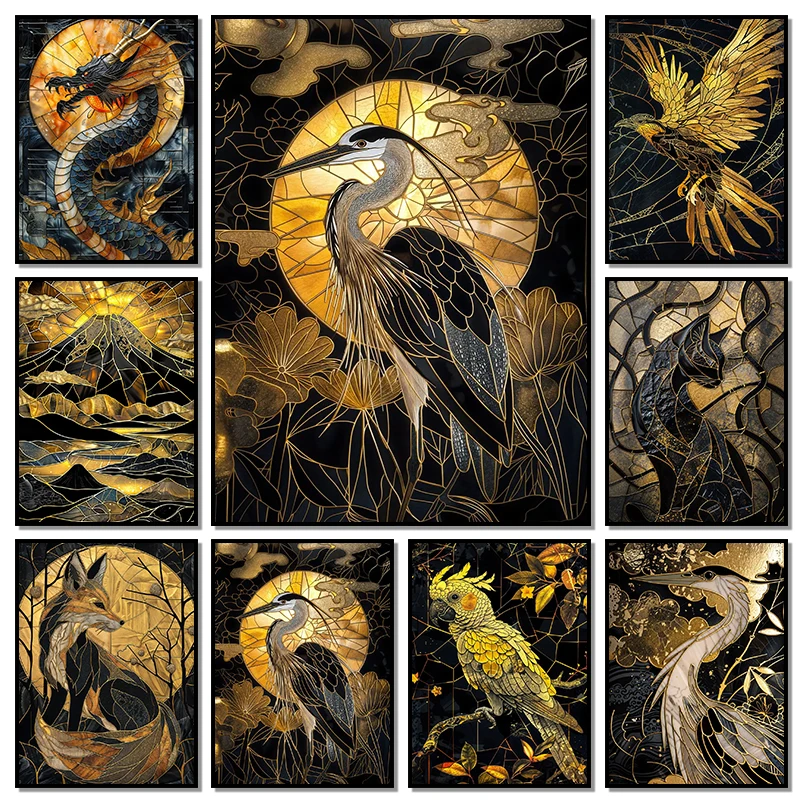 Kintsugi Black Gold Animals Heron Birds Fox Poster Prints Japanese Landscape Wall Art Canvas Painting For Living Room Home Decor