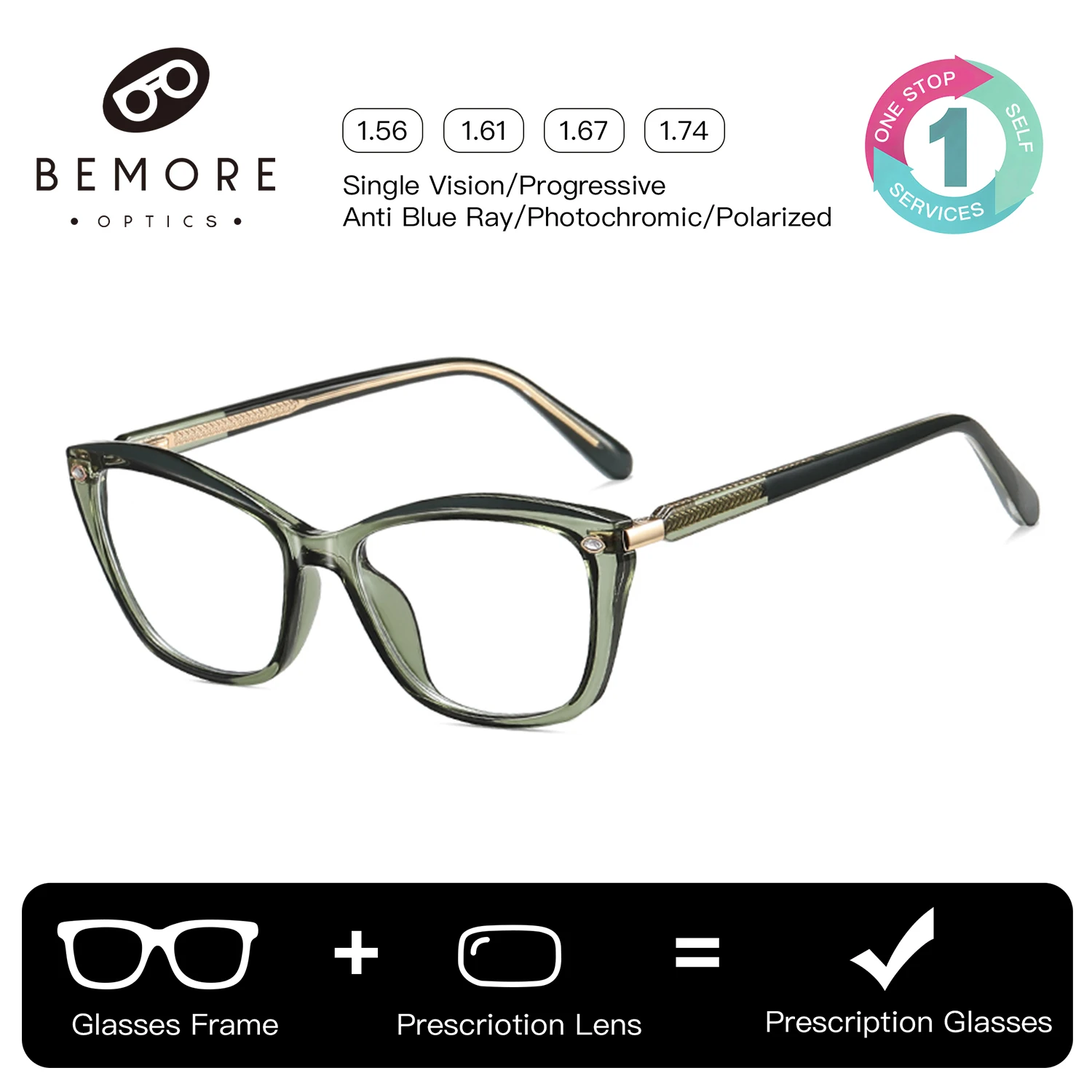 BEMORE Fashion Cat-Eye Acetate Prescription Glasses Women Photochromic Anti Blue Light Optical Eyeglasses