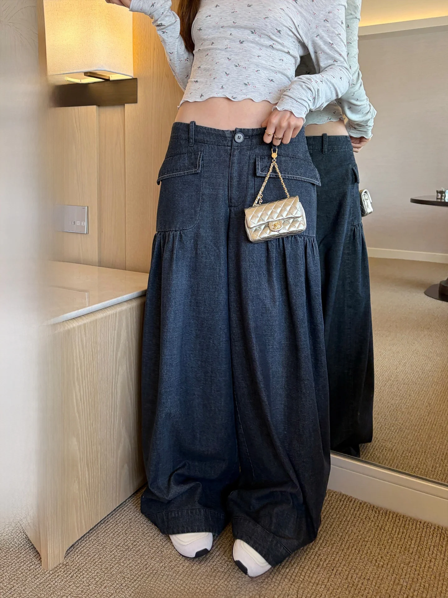 

Ranwear Vintage High Waist Patchwork Pleated Double ket Wide Leg Bleached Denim Jeans Cotton Blend Casual Comfortable Fit