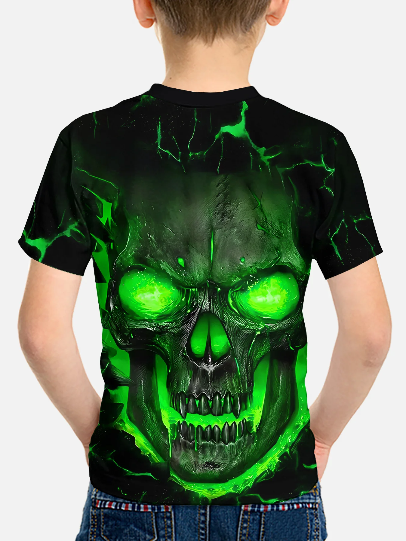 Kids Green Glow Skull Graphic T‑Shirt, Boys Cool Neon Lightning Skull Print Short Sleeve Crew Neck Casual Summer Tee Tops