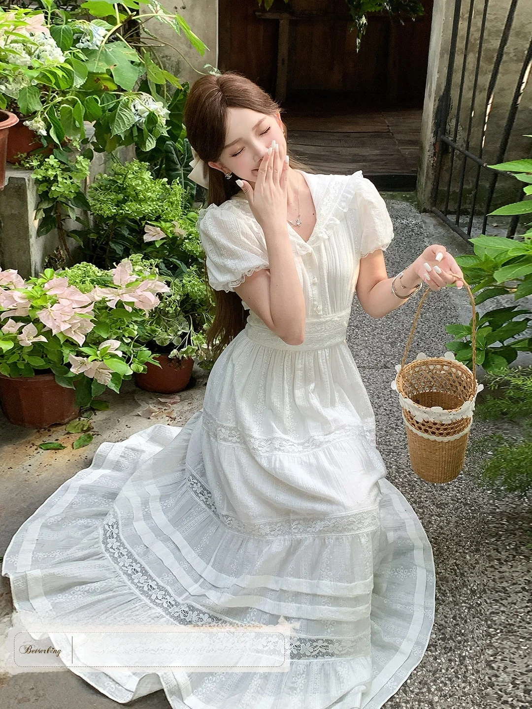 

Платье Pure Desire с кружевными вставками, белое, с высокой талией, с короткими рукавами-фонариками, летнее, во французском стиле, А-силуэт