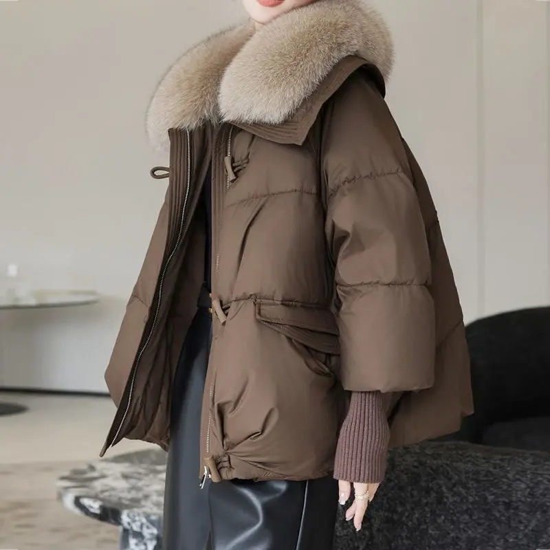 2025 inverno novo para baixo curto acolchoado jaqueta feminina parkas gola de pele grosso casacos de algodão roupas preto casual outerwear feminino