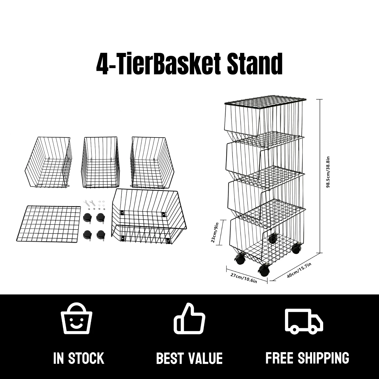 

4-Tier Vegetable Basket Wire Basket W/ Wheels Cover 4 Tier Stackable Rolling Fruit Basket Utility Rack Space-Saving Design