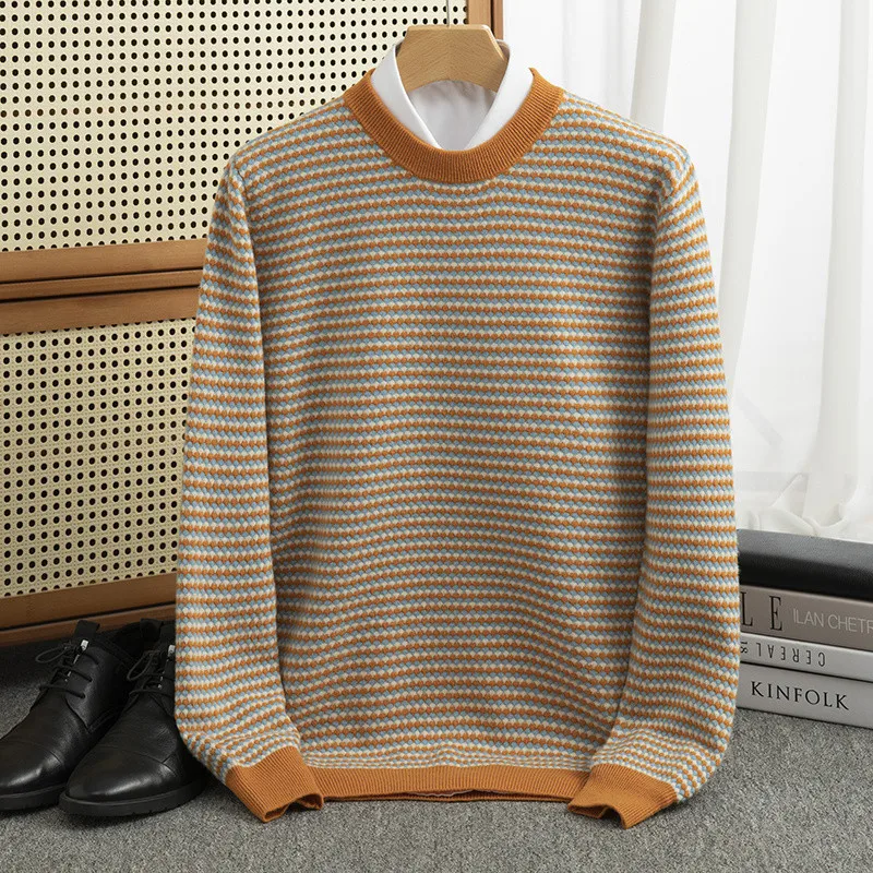 Color Collar Autumn/Winter new 100% Merino wool pullover Cashmere sweater Men's O-collar pullover warm bottom knit shirt top