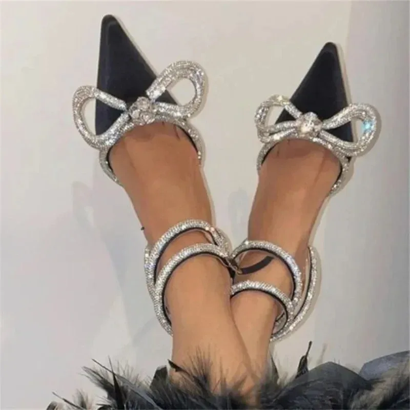 Size 35-42 Pointed High Heels Women\'s Summer White Bow Water Diamond Cross Buckle Strap 7cm Thin Heel French Headed Sandals