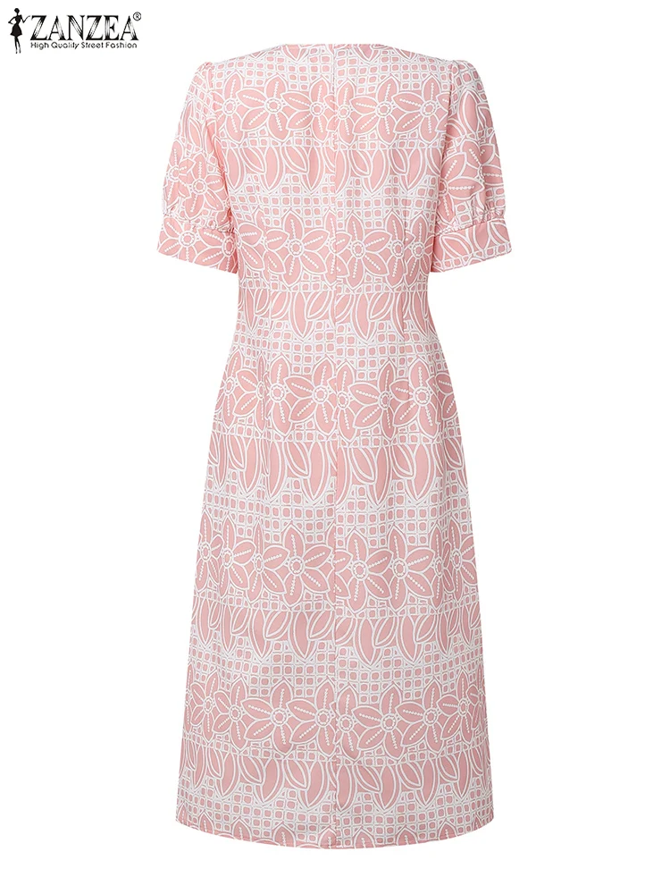 ZANZEA femmes élégant imprimé fleuri Robes mi-longues 2025 été chic col en v manches courtes bouffantes a-ligne Robes Femme boutonné Robes