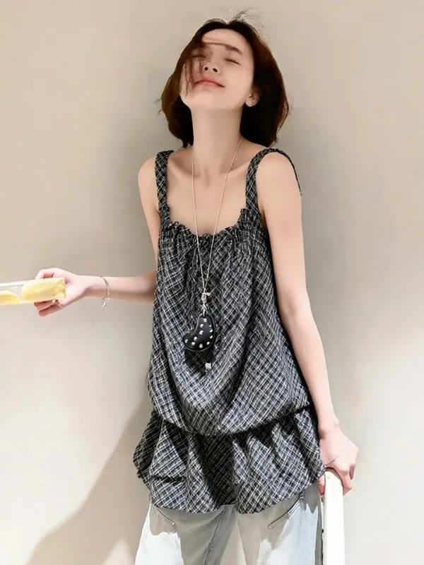 

plus Size 300 Pounds Black Plaid Drawstring Women's Vest Summer Casual Loose Fit Breathable Skin-friendly Pear Body Type