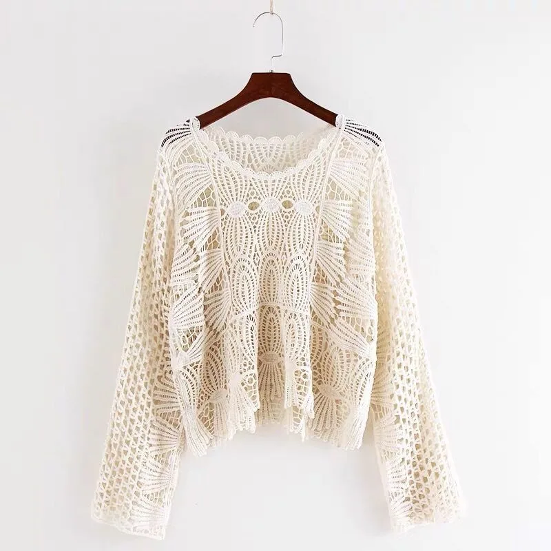 

Pullover Shirt Female 2023 Shawl Summer Matching Skirt Long Sleeve Sunscreen Top Women Hollow out Knitted Cover Up Lace Shirt