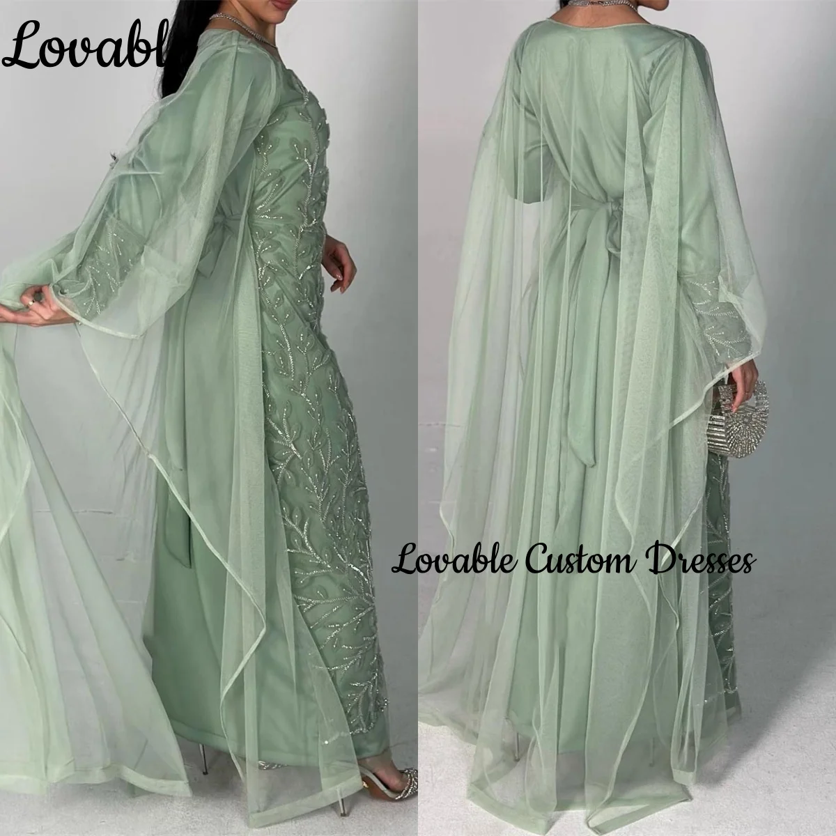 

فساتين سهرة A-Line Scoop Neckline Prom Dress Beadings Formal Occasion Dresses Lace Green Floor-Length Dresses For Special Events