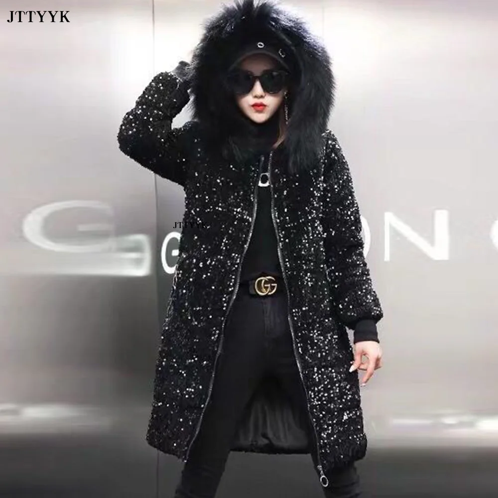 Full Sequins Parka Woman 2024 Winter Coat Thick Hooded Parka Streetwear Wide-waisted Solid Zippers Pockets Warm Jacket Parkas