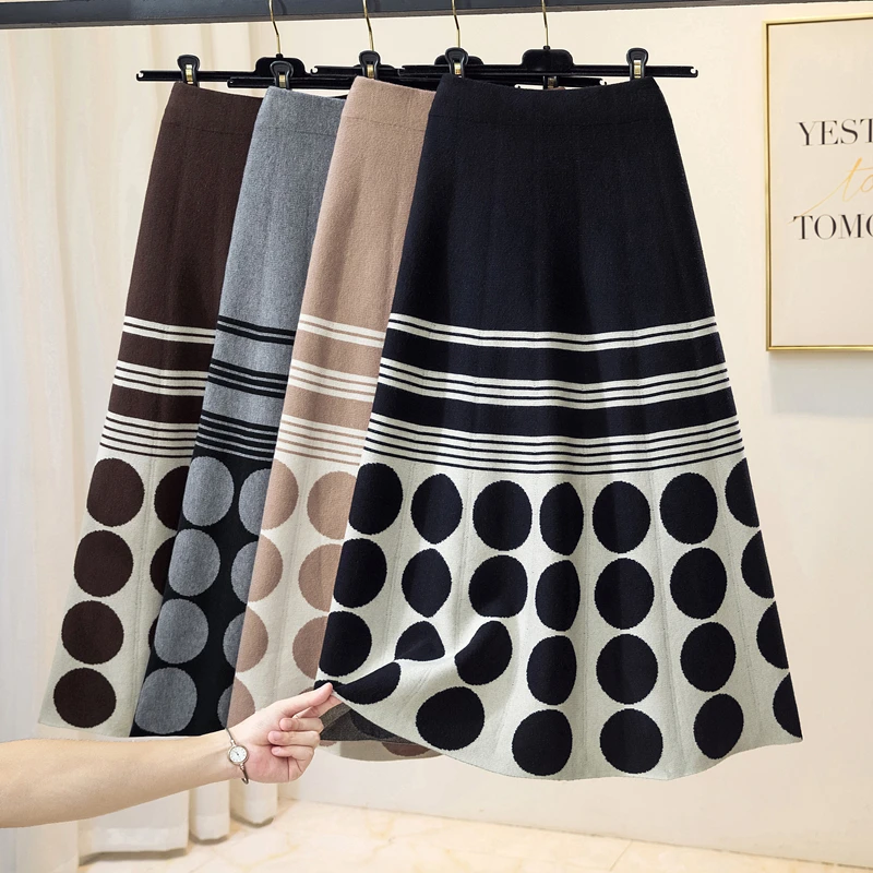 Fall Winter Warm Thicken Knitted Two Piece Sets For Woman Outfits Ladies Turtleneck Pullover Sweater+polka Patchwork Skirt Sets