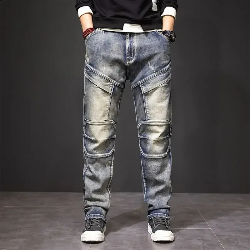 Man Cowboy Pants Motorcycle Cargo Trousers Straight Men\'s Jeans Y2k Streetwear Clothes 2000s Loose Korean Fashion High Quality