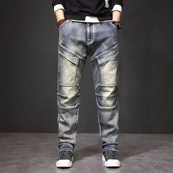 Man Cowboy Pants Motorcycle Cargo Trousers Straight Men's Jeans Y2k Streetwear Clothes 2000s Loose Korean Fashion High Quality