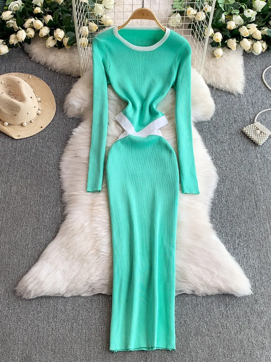 Foamlina outono manga longa cintura cinched malha bodycon vestido estilo europeu design elegante corte cintura sexy chique camisola vestido