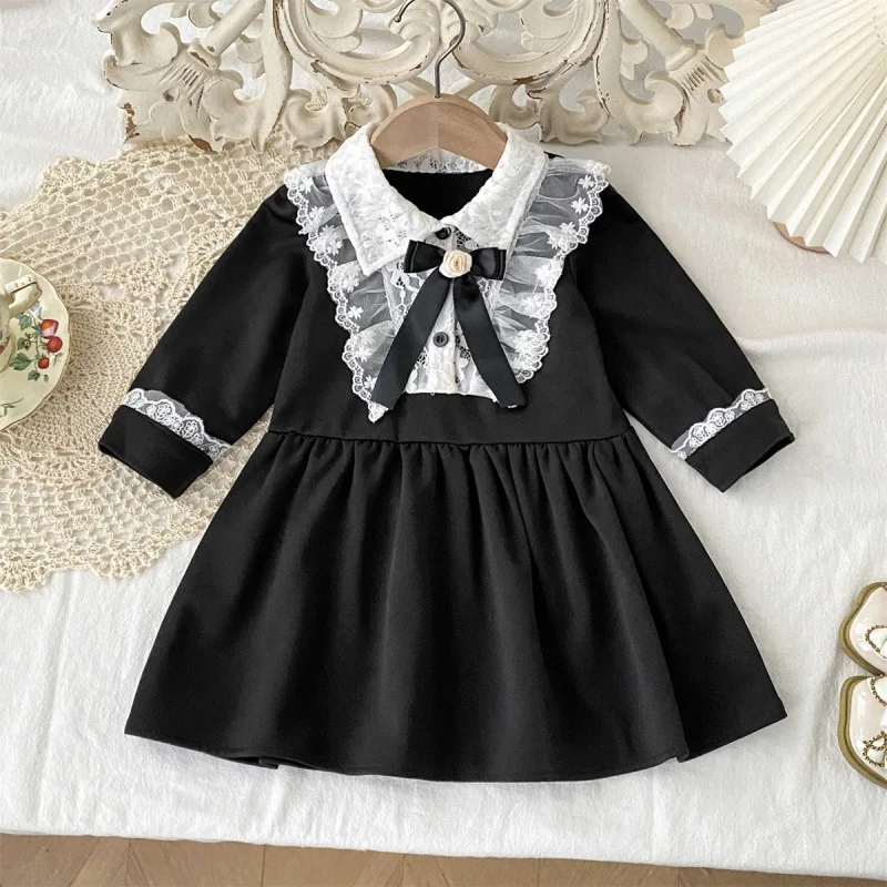 

2025Summer New Korean Style Cute Chic Black Hepburn Retro Dress with Lace Bow for Girls