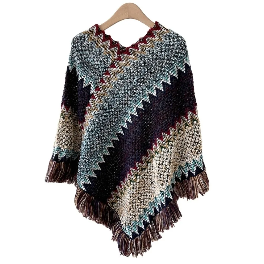 

Вязаная шаль в этническом стиле, богемная накидка на шею, большая шаль, верхняя одежда, теплые шарфы, осенне-зимняя накидка с кисточками, уличная накидка