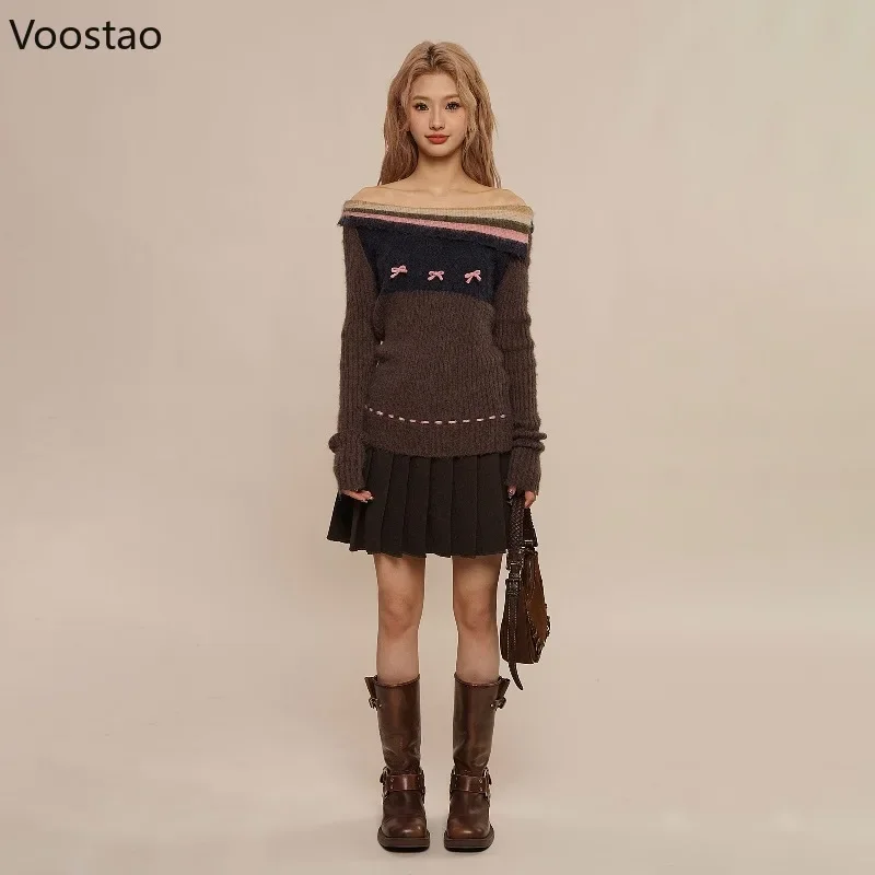 Autumn Winter Y2k Aesthetic Knitted Pullovers Women Elegant Striped Slash Neck Bow Sweaters Fashion Female Vintage Knitwear Tops