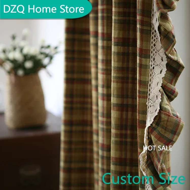 

High end Natural Linen Lattice Curtains,Rural Cotton Hemp Curtain, Semi-Blackout Ruffle Plaid Cortinas for Living Room Bedroom