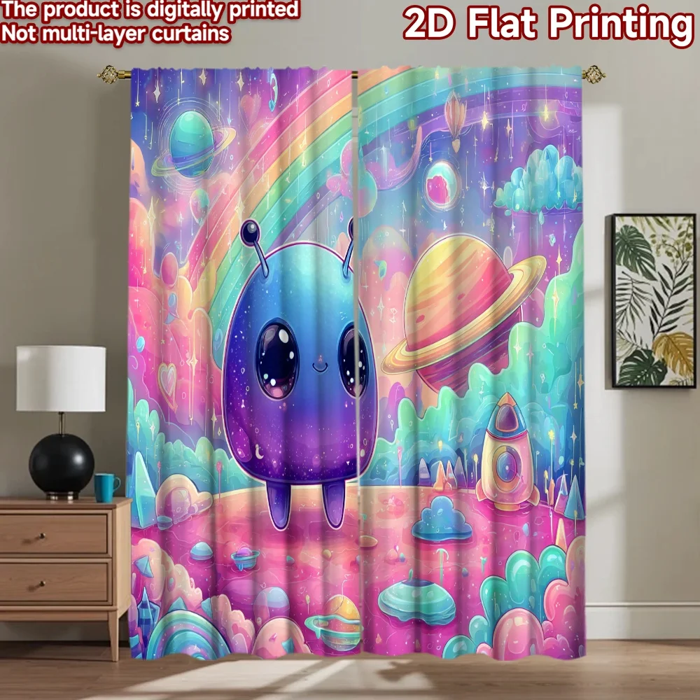 

2D flat printing 2pcs Window Curtains Cute Alien Rainbow Planet Stars Digital Printed Polyester Drapes Party Decorations for