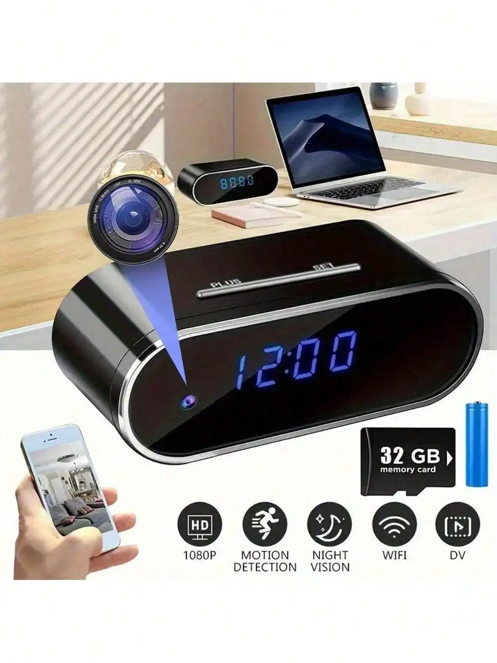 

Камера видеонаблюдения 1080P FHD с Wi-Fi, часами, датчиком движения, ночным видением, перезаряжаемой батареей, SD-картой на 32 ГБ, беспроводным управлением