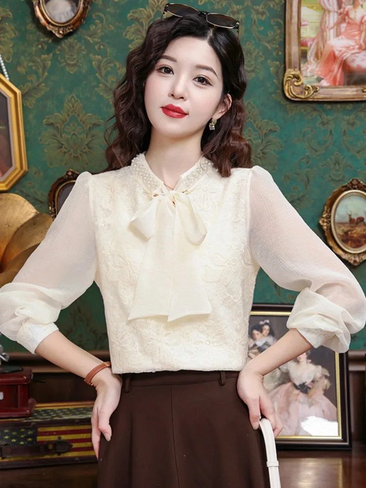 Elegant Lace  Knot Shirt Women's Fashion Spring Autumn Unique Beautiful Chiffon Top High-End Feel 2026 New Style