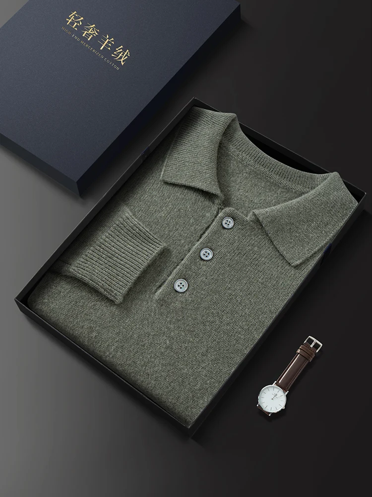Autumn Winter Men's 100% Cashmere Polo Sweater Basic Smart Casual Long Sleeve Pullover Cashmere Knitwear Soft Comfy Clothing Top