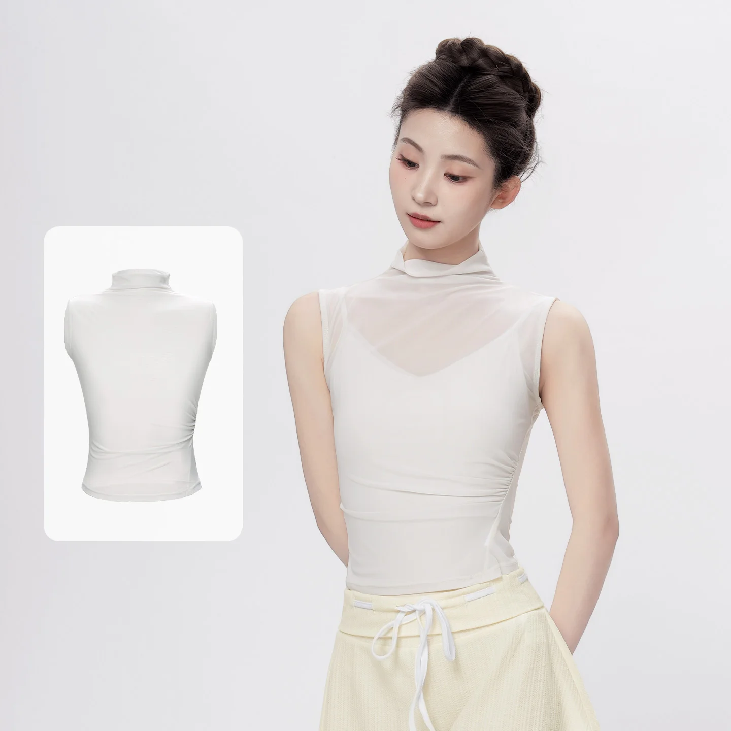 Women Stand Collar See-through Mesh Dance Tops Sexy Thin Sleeveless Stretchy Shirts Summer Solid Color Yoga Training Costumes