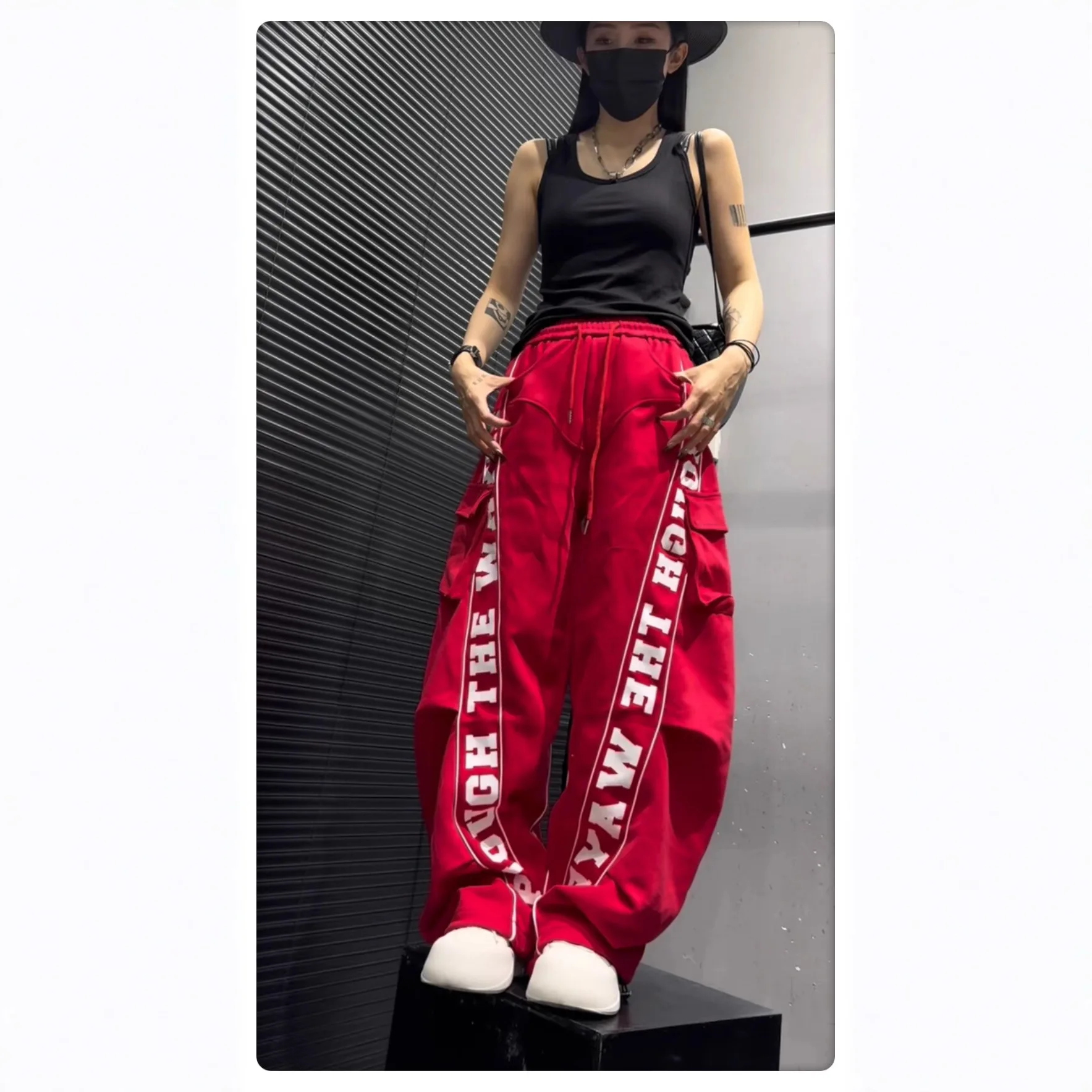 European Style Pants for Women 2025 Autumn New Personalized Letter Print Side Large Pocket Loose Long Pants Cargo Pants Women