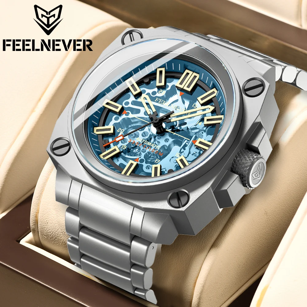 FeelNever Creative Automatic Movement Men\'s Watches Hollow Fashion Casual Sport Military Leather Waterproof Mechanical Watch+Box