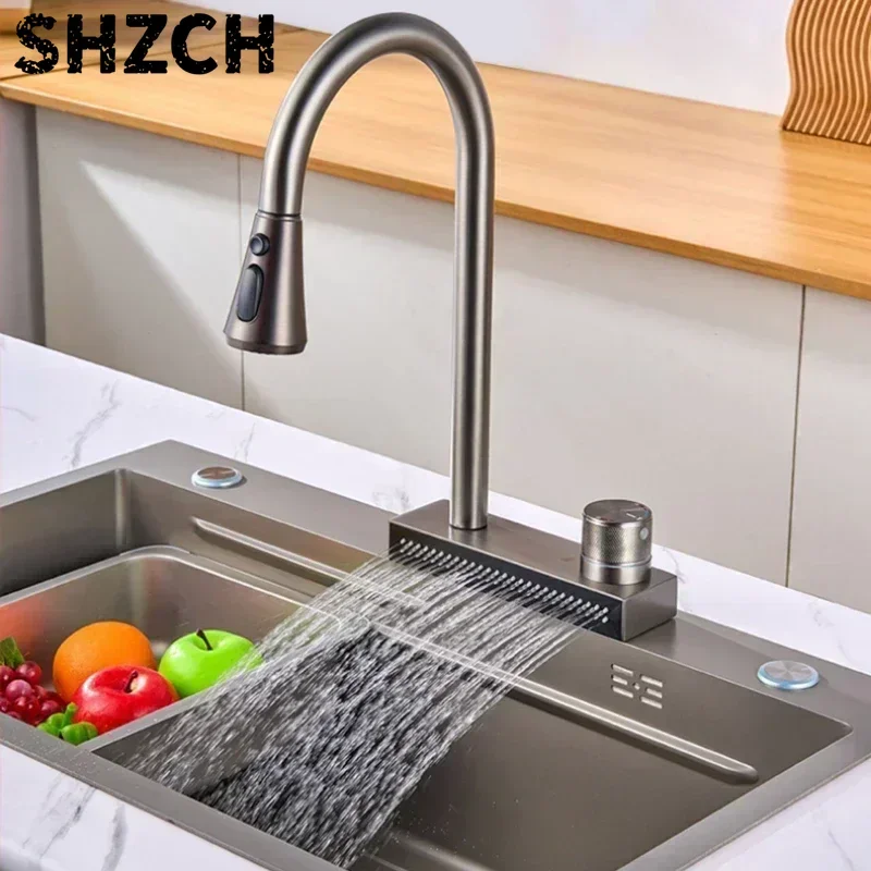 Kitchen Pull-Out Faucet 360° Rotation Raining Mixer Deck Mounted Water Tap Square Gun Gray Hot and Cold Sink Faucet