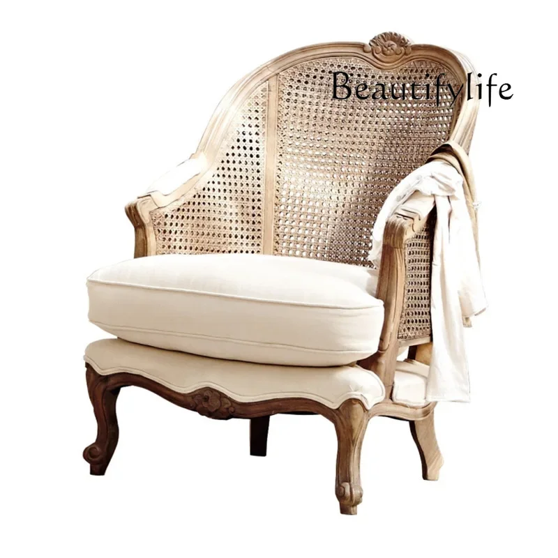 Retro solid wood carving flower single rattan chair American old rattan tiger chair antique carving sofa chair