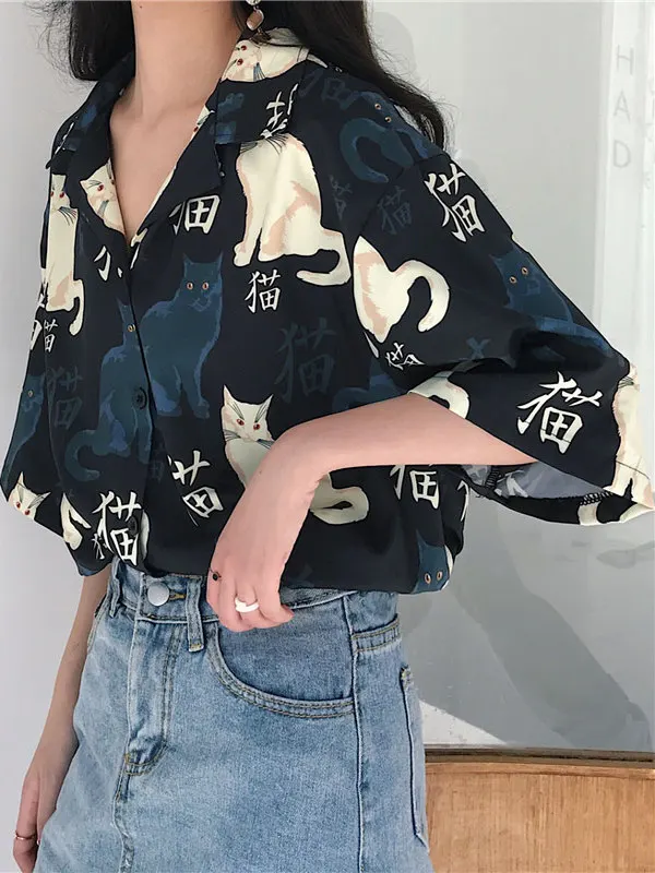 Verão 2025 Estilo Retrô Hong Kong Estampa Solta Camiseta Coreana Corte Reto em Algodão para Meninas Adolescentes