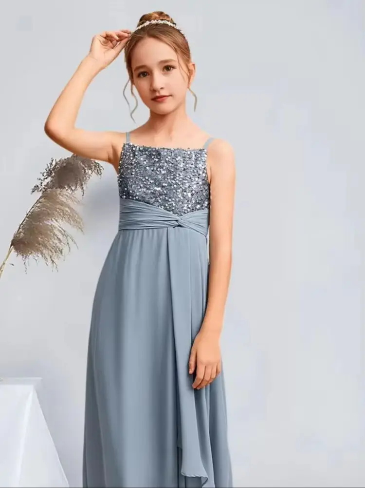 

QZ Kids A-Line Square Floor-Length Chiffon Sequin Junior Bridesmaid Dresses Dusty Blue Sparkling Flower Girl Dresses Party Dance